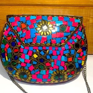 Handcrafted Mosaic Tiled Metal Clam shelled Crossbody strapped Purse!